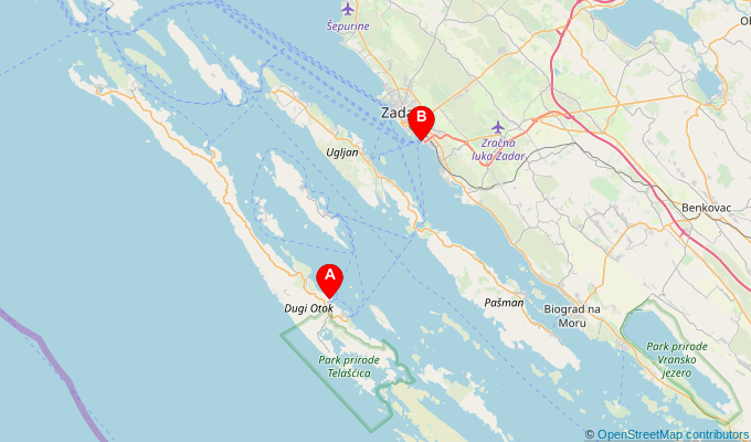 Map of ferry route between Zaglav and Zadar